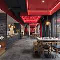 Modern Hot Pot Restaurant Interior With Red Decor Open Layout Dining Tables And Buffet Area 3d model