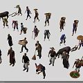 Traditional Rural Characters And Cattle In Various Working Poses And Costumes