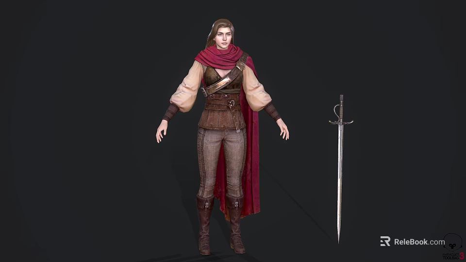 Game Movie Character With Red Scarf Brown Tunic Leather Bustier Leather Boots And Sword 3d model 