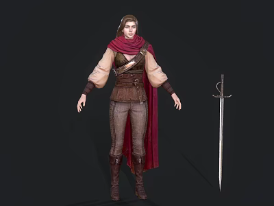 Game Movie Character With Red Scarf Brown Tunic Leather Bustier Leather Boots And Sword 3d model