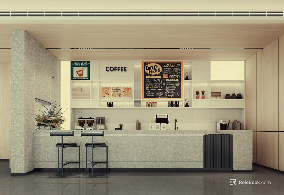 Modern Coffee Shop Interior Design With Counter Bar Coffee Machines Menu Board And Stools 3d model 