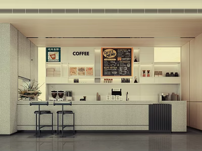 Modern Coffee Shop Interior Design With Counter Bar Coffee Machines Menu Board And Stools 3d model