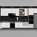 Modern Kitchen Cookware with White Cabinets Black Marble Backsplash and Stainless Steel Appliances