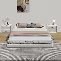 Modern Minimalist Double Bed with LED Lighting Nightstands and Wall Art on Wooden Floor