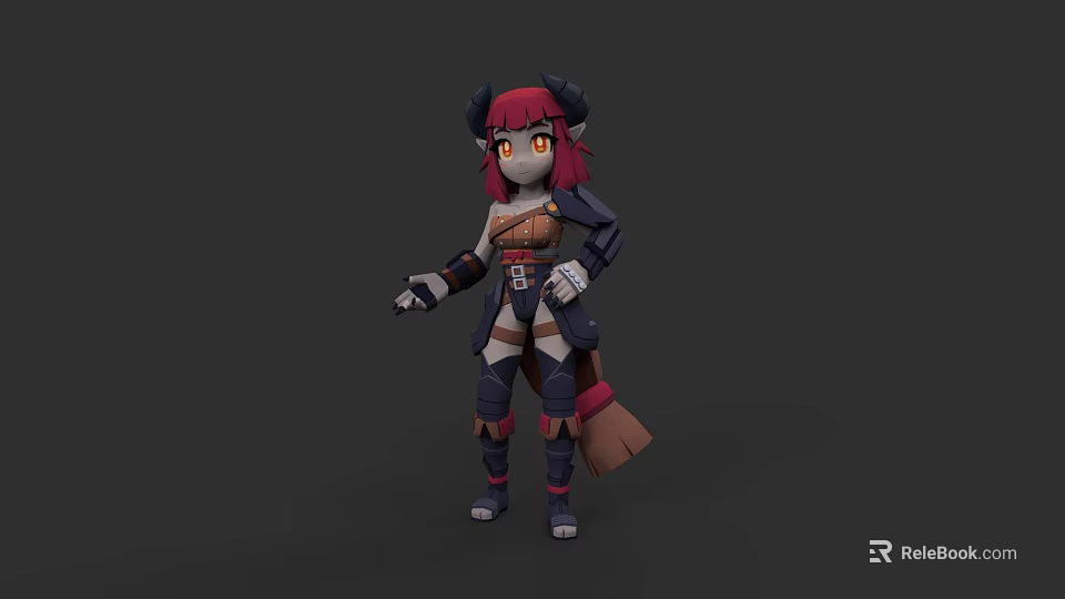 3D Fantasy Demon Girl Character With Red Hair Horns Mechanical Armor And Tail 3d model 