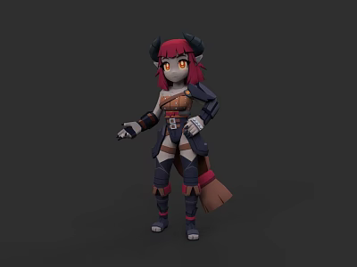 3D Fantasy Demon Girl Character With Red Hair Horns Mechanical Armor And Tail 3d model