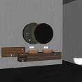Modern Bathroom Vanity With Double Sinks And Round Mirror Wooden Design