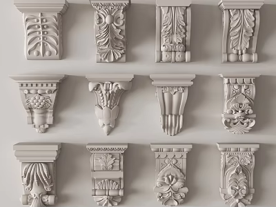 Intricate Carved Decorative Elements Featuring Floral Leaf And Scroll Designs 3d model