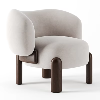 Light Beige Velvet Armchair With Rounded Armrests And Dark Wooden Cylindrical Legs 3d model