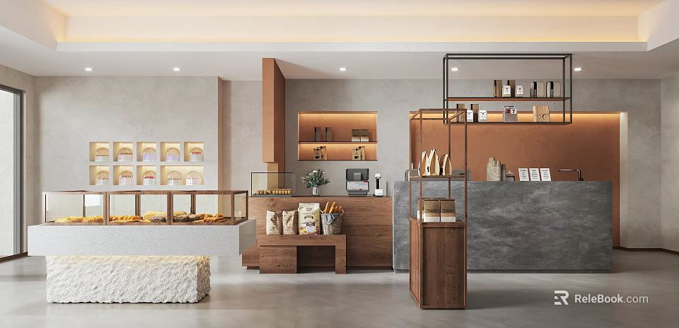 Modern Dessert Shop Interior With Display Cases And Wooden Furniture 3d model 