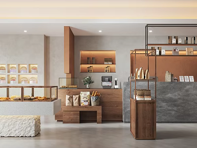 Modern Dessert Shop Interior With Display Cases And Wooden Furniture 3d model