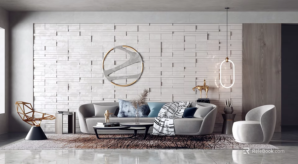 Modern Sofa Coffee Table Set With Circular Wall Art Brick Wall And Decorative Pillows 3d model