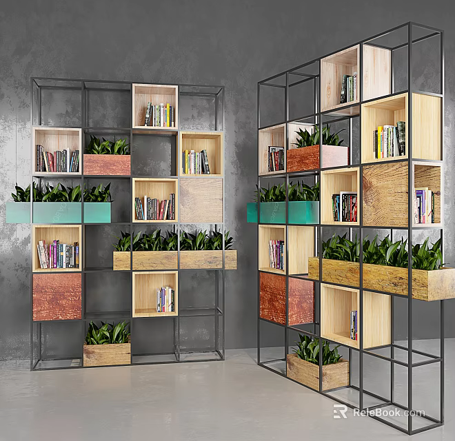 Modern Multi layered Bookcase With Metal Frame Different Colors Wooden Shelves Books And Green Plants 3d model 