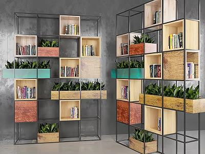 Modern Multi layered Bookcase With Metal Frame Different Colors Wooden Shelves Books And Green Plants 3d model