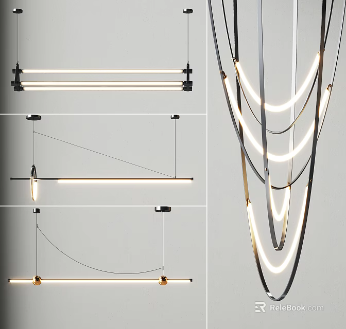Modern Chandeliers With Linear And Circular Metallic Designs And Warm White Illumination 3d model 