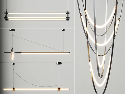 Modern Chandeliers With Linear And Circular Metallic Designs And Warm White Illumination 3d model