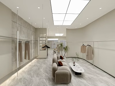 Modern Clothing Store Interior With Clothing Racks Sofa Seating Potted Plants And Marble Flooring 3d model