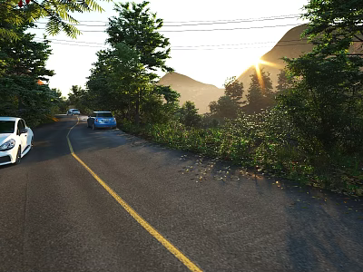 Scenic Mountain Road Facilities With Yellow Center Line Trees and Cars 3d model