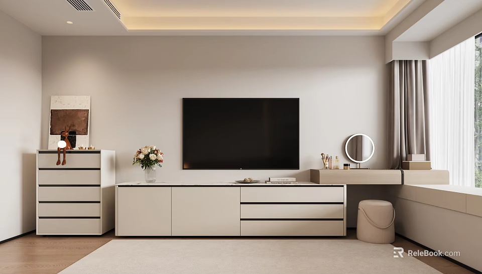 Modern Light Colored TV Stand With Drawers And TV In Living Room Interior 3d model 