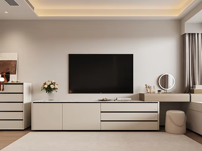 Modern Light Colored TV Stand With Drawers And TV In Living Room Interior 3d model