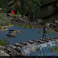 Wooden Bridge Over Scenic Stream With Person Walking And Natural Rocks Vegetation