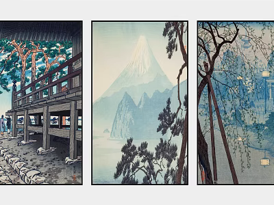 Traditional Japanese Landscape Artworks With Mount Fuji Pine Trees And Architecture 3d model