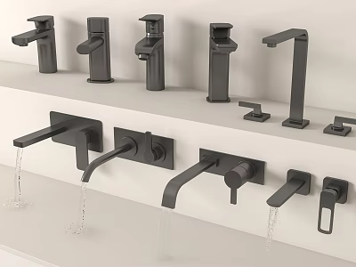 Various Modern Faucet Styles Displayed On White Shelves With Water Flowing 3d model