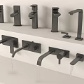 Various Modern Faucet Styles Displayed On White Shelves With Water Flowing