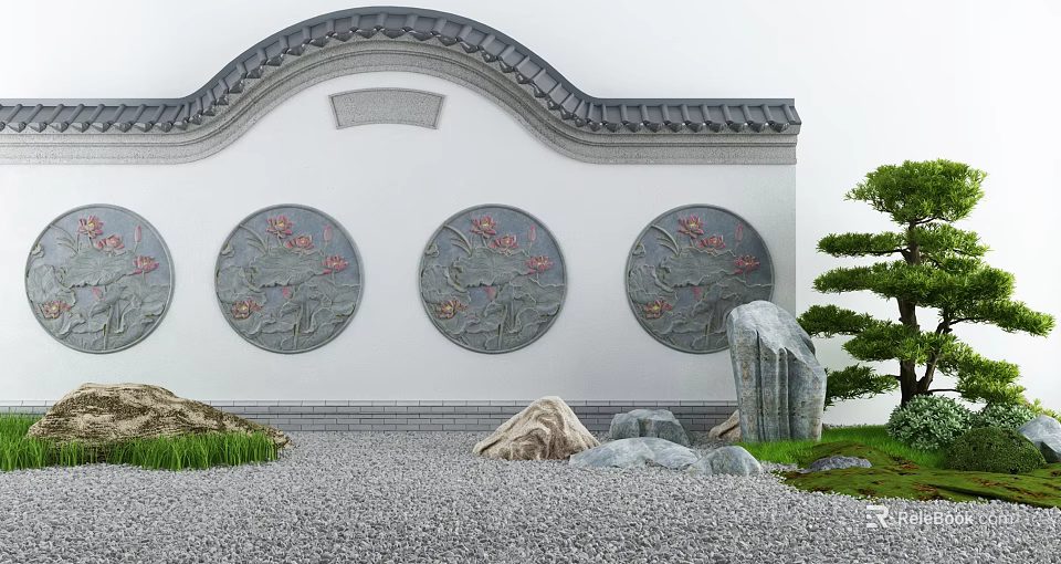 Traditional Chinese Building Exterior Wall with Circular Lotus Reliefs Gray Tiled Roof and Curved Decorations 3d model 