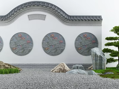 Traditional Chinese Building Exterior Wall with Circular Lotus Reliefs Gray Tiled Roof and Curved Decorations 3d model