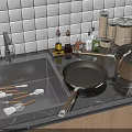 Essential Kitchen Utensils Pans With Lids On Marble Countertop Wooden Cabinets White Tiled Wall