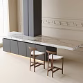 Modern Bar Counter With Marble Top Gray Cabinets Wooden Stools And Wall Molding