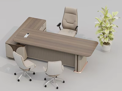 Modern Wooden Office Desk With Executive Chair Two Visitor Chairs And Potted Plant 3d model