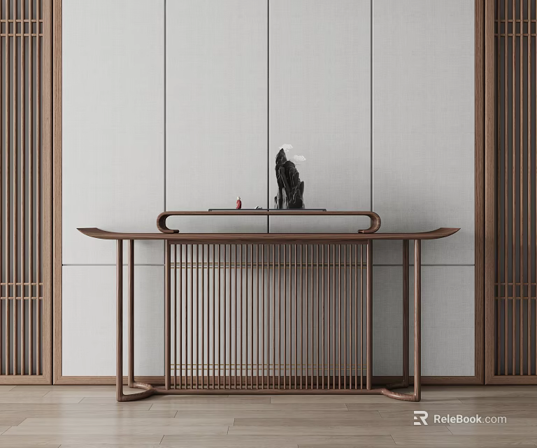 Chinese Style Decorative Wooden Console Table with Lattice Panels Light Wall and Sculptures 3d model 