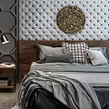 Background Double Bed with Wooden Headboard Tufted Wall Circular Plate Gray Plaid Pillows Green Plant