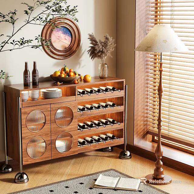 Wooden Sideboard Featuring Wine Rack Fruit Plates Bottles By Lamp Mirror Window 3d model 