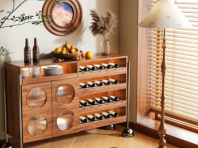 Wooden Sideboard Featuring Wine Rack Fruit Plates Bottles By Lamp Mirror Window 3d model