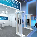 Modern Exhibition Booth for Guochang Communications with Blue White Design Display Screen and Reception Desk