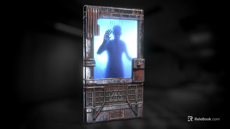 Retro Industrial Device Interface With Metallic Frame Blue Screen And Human Silhouette Hand Reaching 3d model 