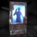 Retro Industrial Device Interface With Metallic Frame Blue Screen And Human Silhouette Hand Reaching 3d model