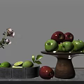 Fresh Red Apples Green Apples And Limes On Wooden Tray Gray Container With Pink Roses
