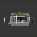 Modern Beige Canopy Tent With Wooden Deck Transparent Glass Walls And Outdoor Furniture