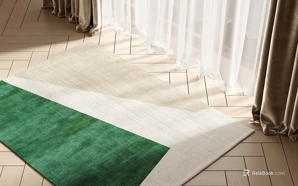 Square Rug With Green Beige Design On Tile Floor Near Curtains 3d model 