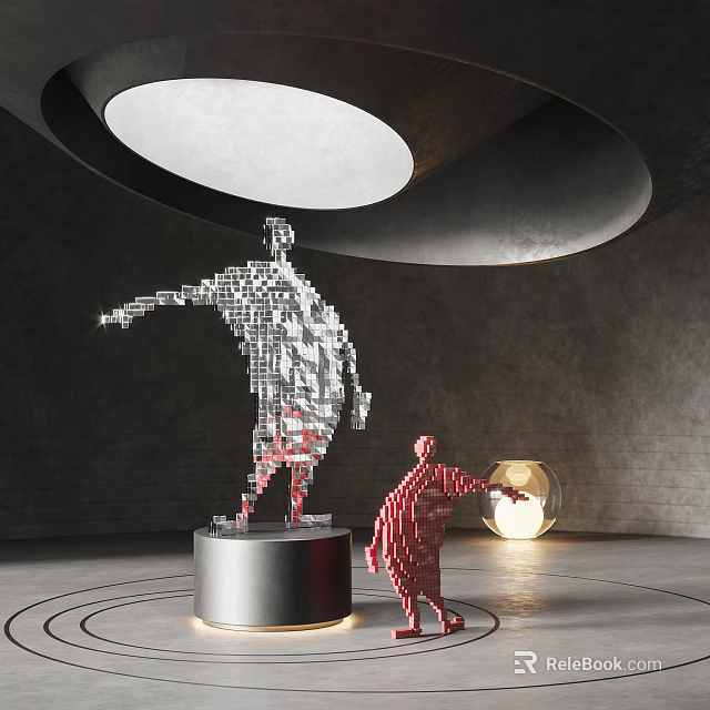 Large Human Shaped Sculpture Composed of Small Cubes with Smaller Red Sculpture and Circular Lighting 3d model 