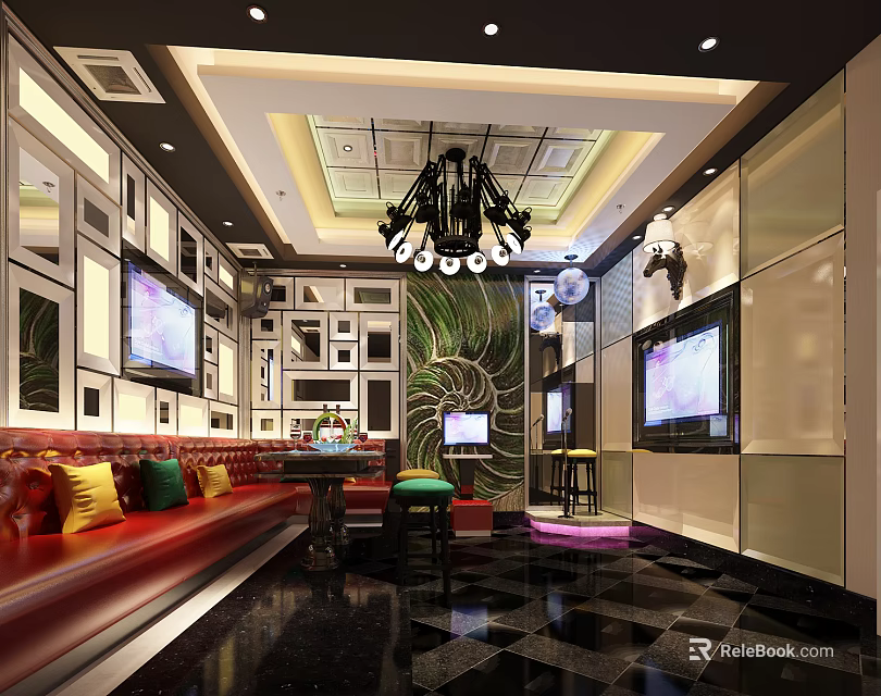 Luxury KTV Lounge Interior With Comfortable Sofa Multiple TV Screens And Decorative Lighting 3d model 