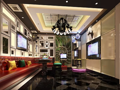 Luxury KTV Lounge Interior With Comfortable Sofa Multiple TV Screens And Decorative Lighting 3d model