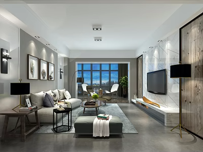 Modern Living Room Interior With Gray Sofa Large Windows TV And Decorative Paintings 3d model