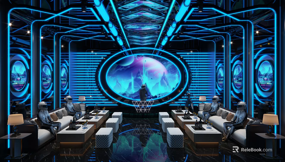 Modern KTV Interior Design With Neon Lights Large Screen And Comfortable Seating 3d model 