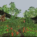Lush Greenery With Orange Flowers Fallen Tree Trunk And Green Shrubs On Vibrant Grass Field
