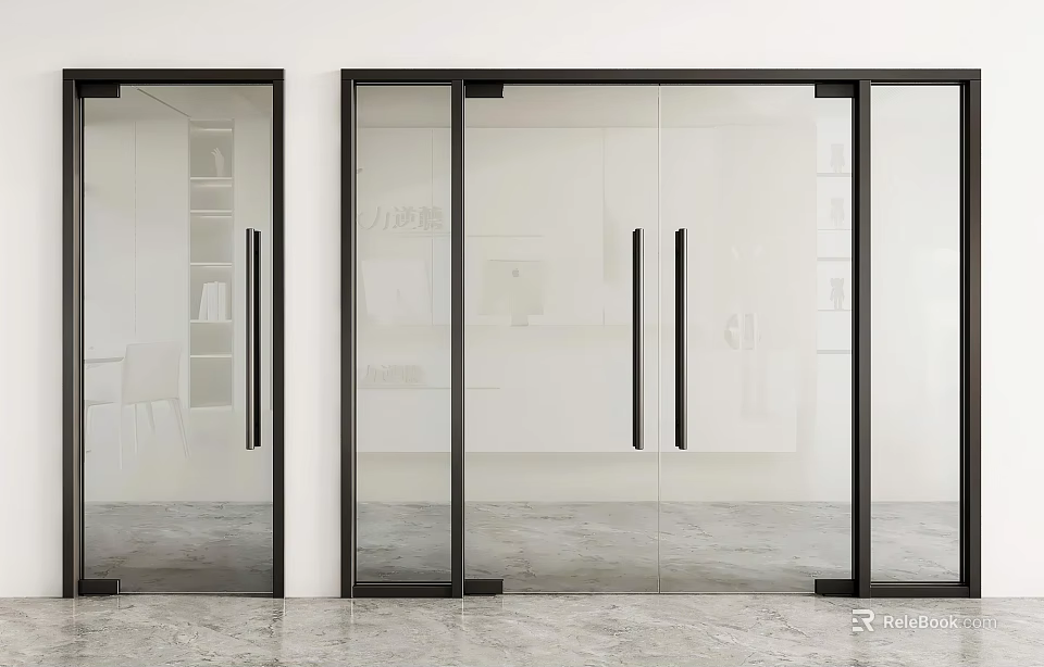 Modern Double Glass Doors With Black Frame For Contemporary Interior Design 3d model 